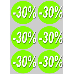 Solde remise 30% rond - 6 stickers de 10cm - Sticker/autocollant