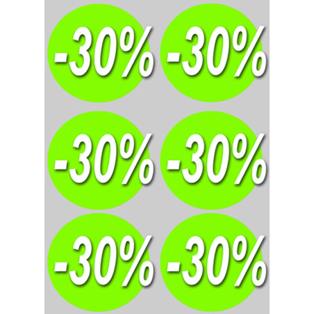 Solde remise 30% rond - 6 stickers de 10cm - Sticker/autocollant