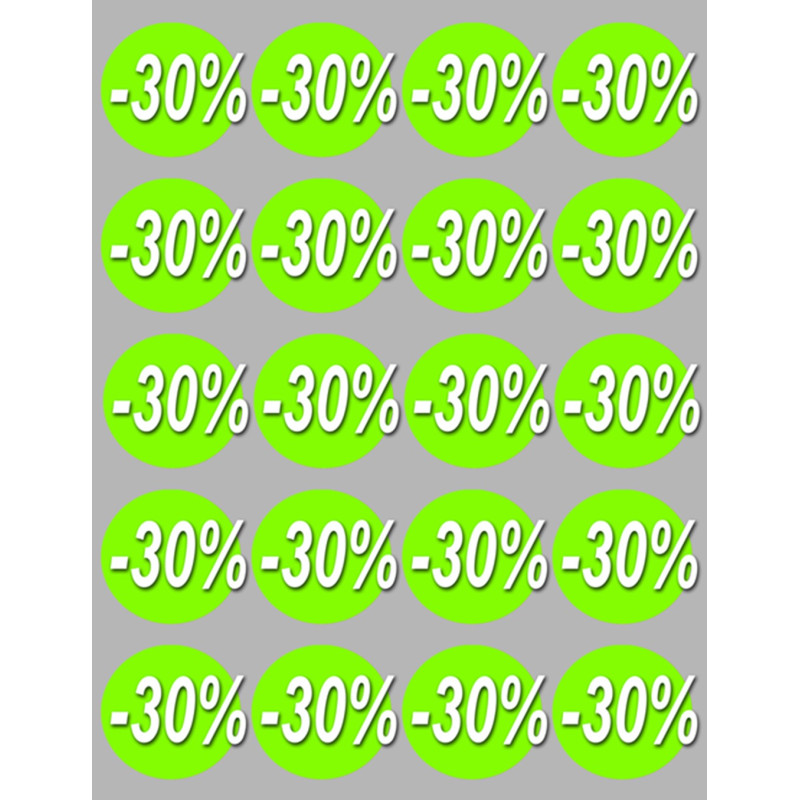 Solde remise 30% rond - 20 stickers de 5cm - Sticker/autocollant